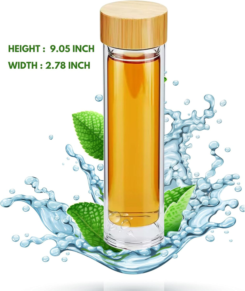 15oz Double Wall Glass Water Bottle with Bamboo Lid and Tea Infuser – Insulated, Leak-Proof, and Eco-Friendly Travel Tea Mug with Filter for Hot or Cold Beverages