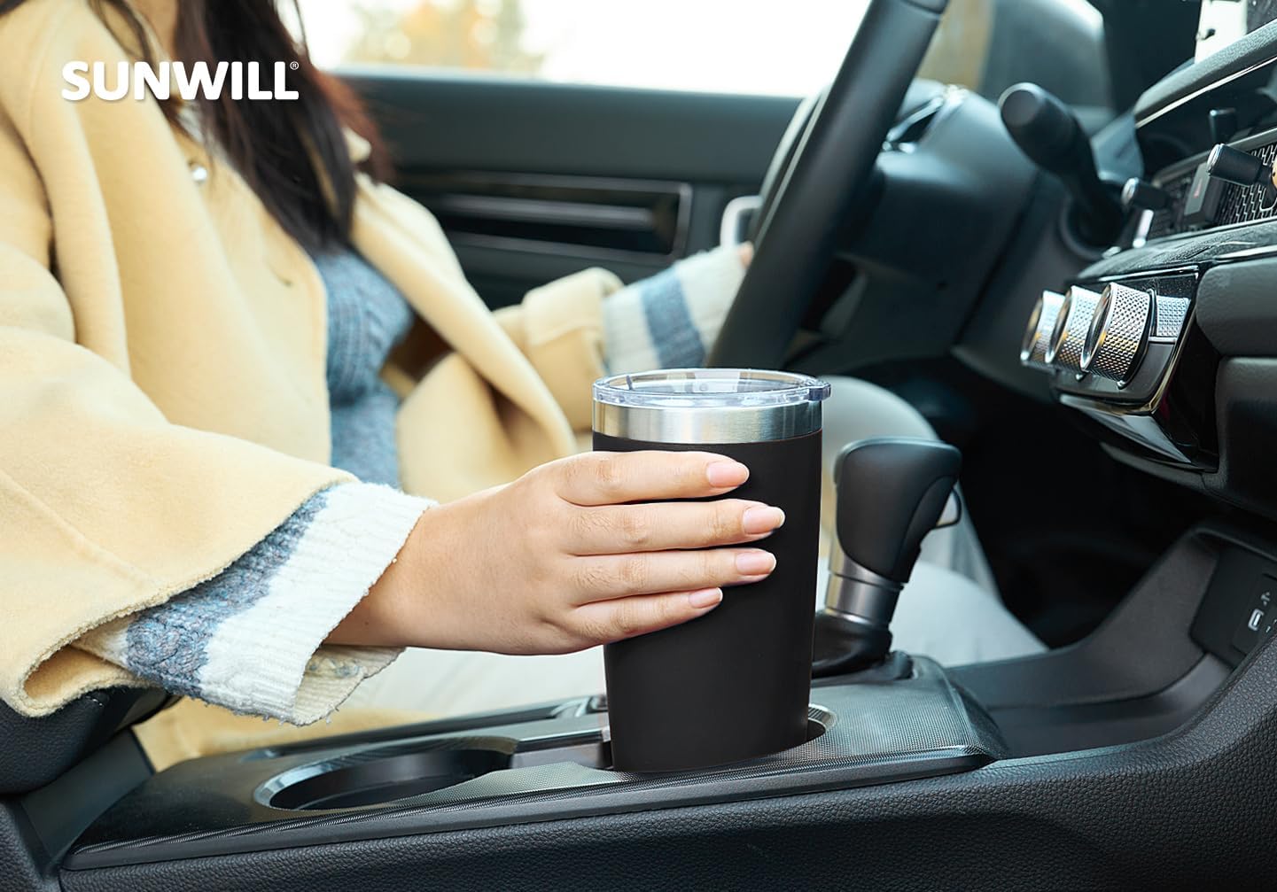 SUNWILL Travel Coffee Mug with Lid, 20 oz Tumbler Set of 2, Insulated Stainless Steel Cup for Water, Tea, Ice, Powder Coated Black 2 pack