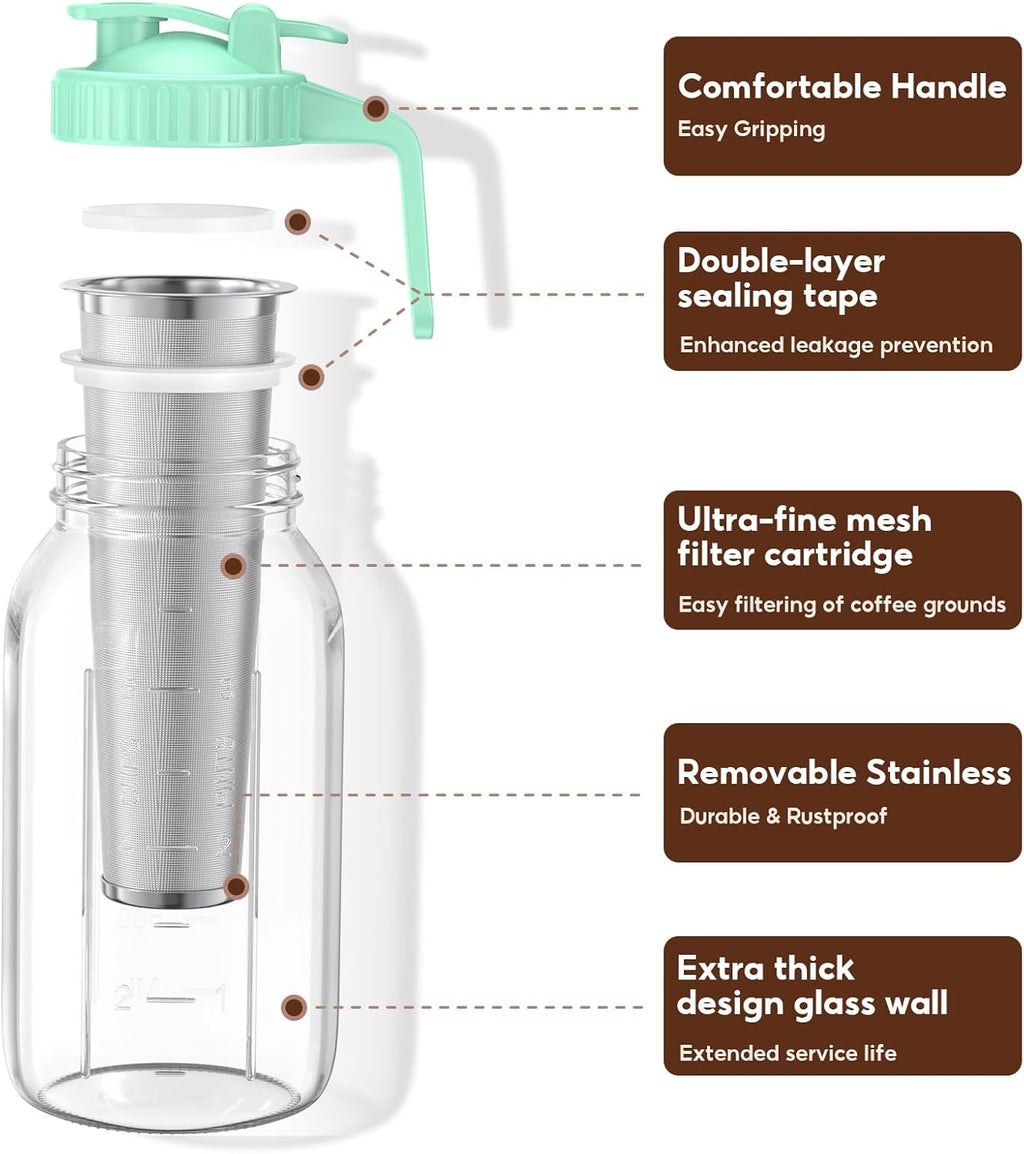 Cold Brew Coffee Maker Jar - 2 Pack 64 oz Glass Cold Brew Maker with Handle, Stainless Steel Filter & Leak-Proof Lid, Heavy Duty Cold Brew Pitcher for Iced Coffee, Sun Tea, and Milk