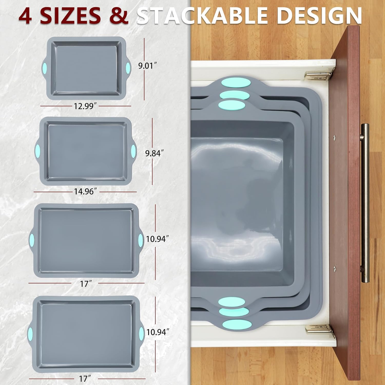 To encounter Silicone Baking Pans Set, 4 Pieces Nonstick Bakeware Set with Baking Pans, Baking Sheets, Cookie Sheets, Cake Pan with Metal Reinforced Frame More Strength, Light Grey