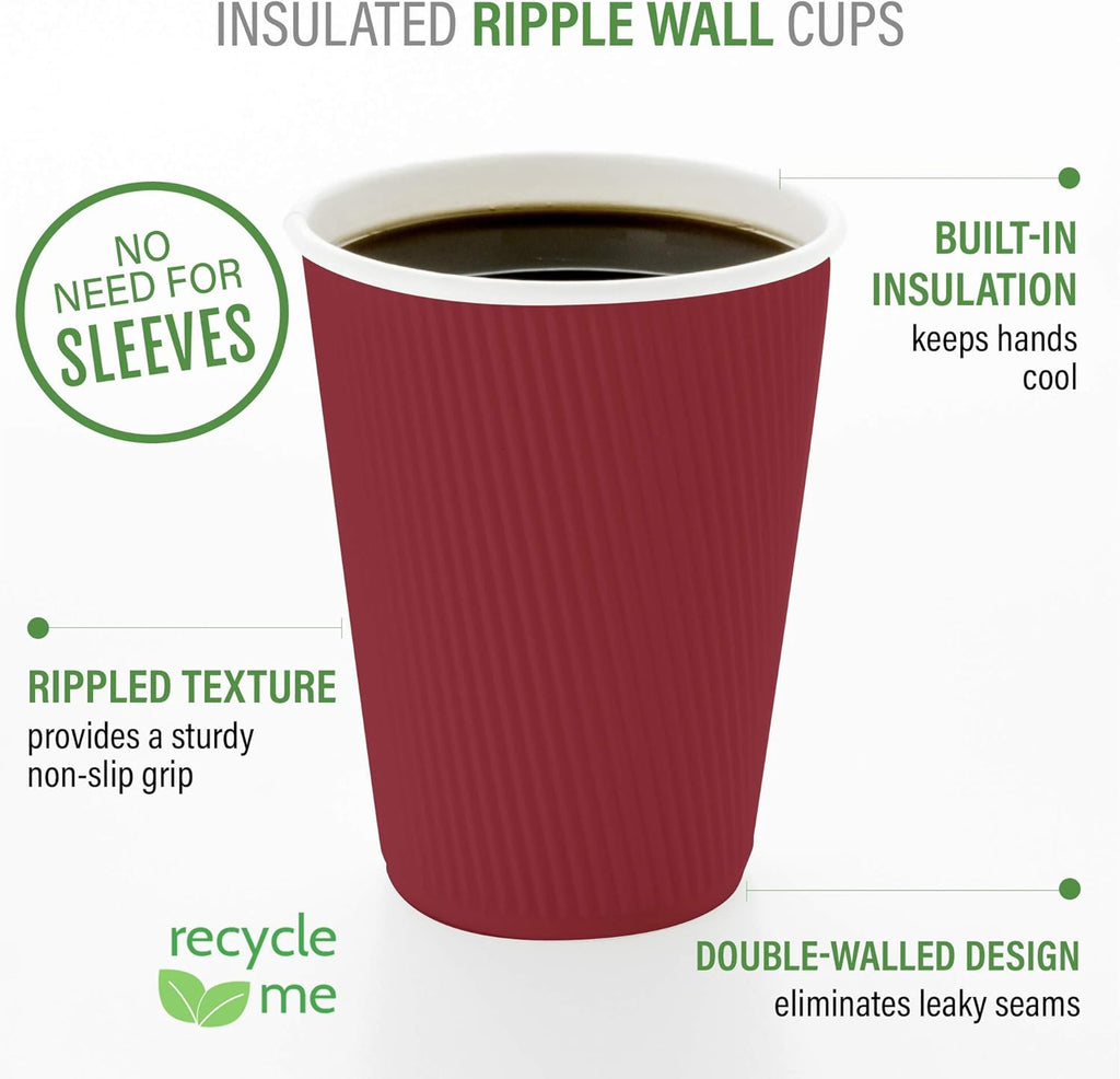 Restaurantware 8 Ounce Double Wall Disposable Coffee Cups, 500 Insulated Crimson Paper Tumblers, Ripple Wall Design, Lids Sold Separately for Hot Drinks like Tea, Hot Chocolate, and More
