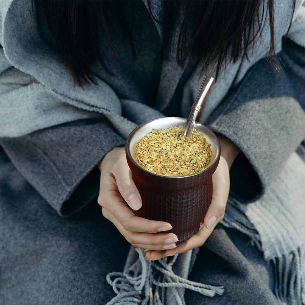 Beruth Bombilla Yerba Mate Gourd, 8oz Stainless Steel Tea Cup Set with a Multifunctional Lid, Two Straws and Cleaning Brushes, Double Walled Coffee Mug Heat Insulation Anti Scalding (Water Ripples)