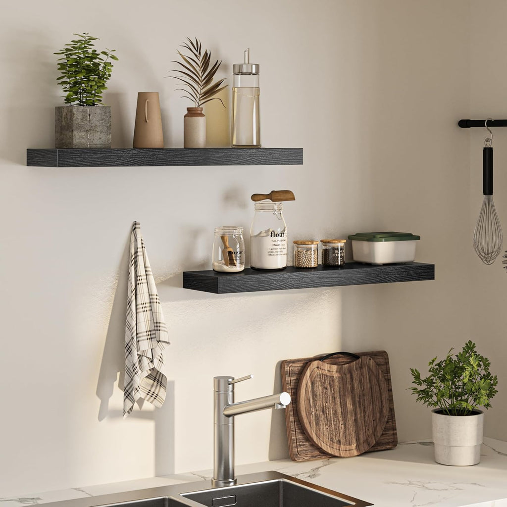 Floating Shelves for Wall, 31.5" W x 6.7" D x 1.5" H, Wooden Wall Mounted Display Shelves with Invisible Brackets for Living Room, Bedroom, Bathroom, Kitchen Decor and Storage, Set of 2, Black