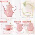 DUJUST 22 pcs Porcelain Tea Set for 6, Luxury British Style Tea/Coffee Cup Set with Golden Trim, Beautiful Tea Set for Women, Tea Party Set, Gift Package (With a Stand) - Pink