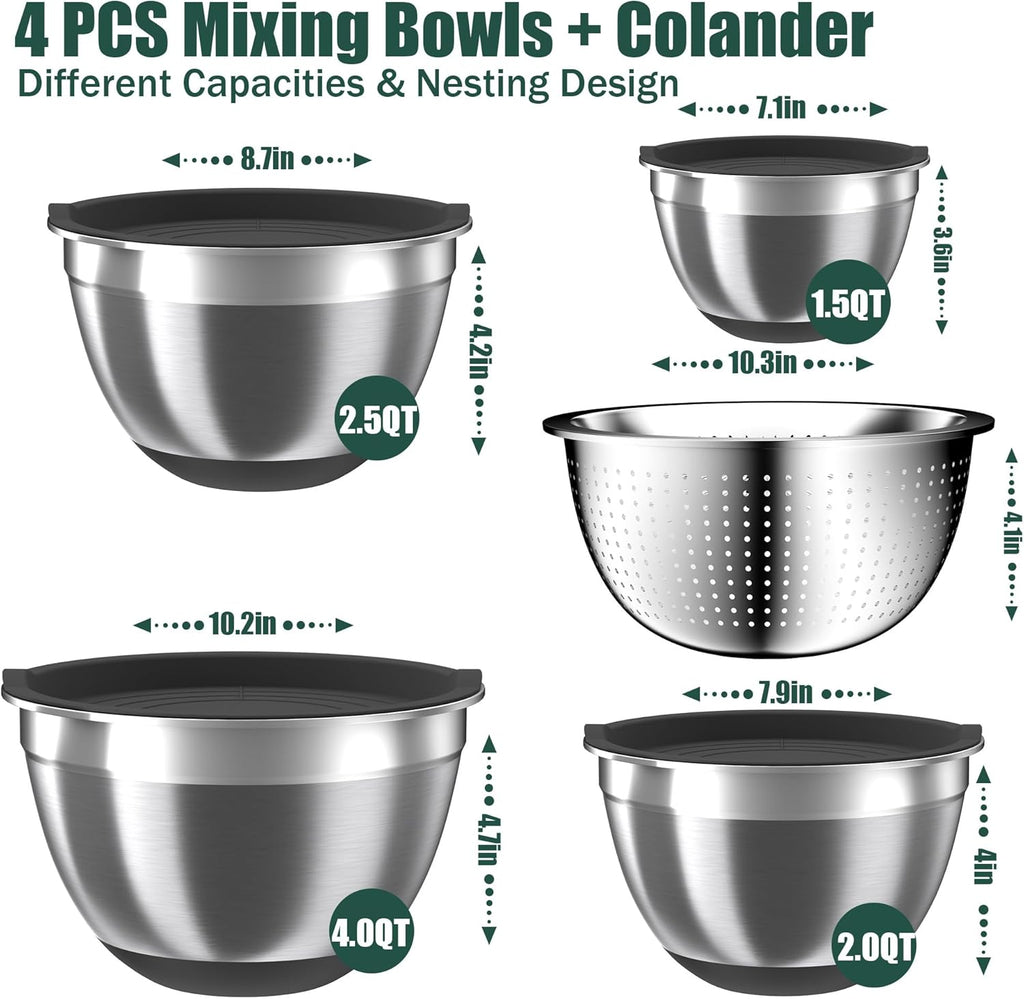 Mixing Bowls with Airtight Lids Set, 4 Stainless Steel Bowls Nesting Bowls & Colander, Kitchen Organizers and Storage Non-Slip Bottom, Size 1.5/2.0/2.5/4.5QT, Great for Mixing & Serving, Black