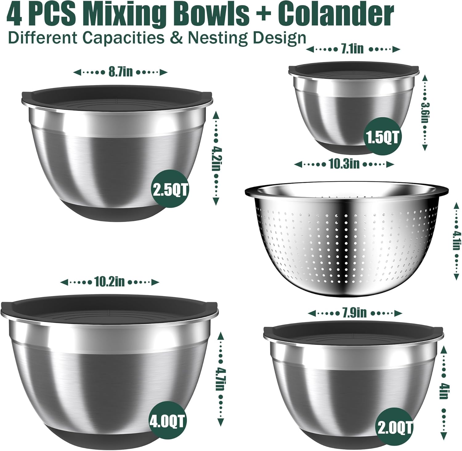 Mixing Bowls with Airtight Lids Set, 4 Stainless Steel Bowls Nesting Bowls & Colander, Kitchen Organizers and Storage Non-Slip Bottom, Size 1.5/2.0/2.5/4.5QT, Great for Mixing & Serving, Black