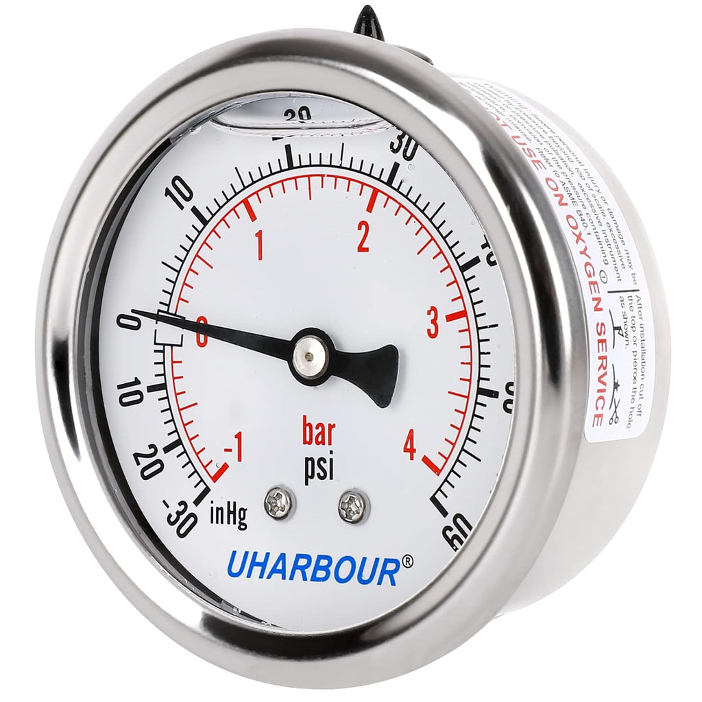 Glycerin Filled Vacuum Pressure Gauge, 2-1/2" Clear dial,1/4" NPT Back Connection, Stainless Steel Case, Brass Movement, Dual Scales -30HG/60PSI……