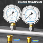 MEANLIN MEASURE 0~100Psi Stainless Steel 1/4" NPT 4" FACE DIAL Liquid Filled Pressure Gauge WOG Water Oil Air Lower Mount, with 1/2" NPT and 3/8" NPT Hex Bushing