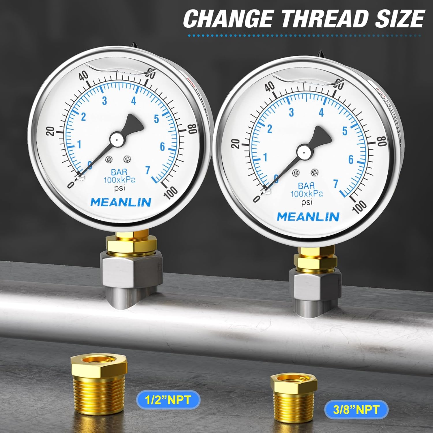 MEANLIN MEASURE 0~100Psi Stainless Steel 1/4" NPT 4" FACE DIAL Liquid Filled Pressure Gauge WOG Water Oil Air Lower Mount, with 1/2" NPT and 3/8" NPT Hex Bushing