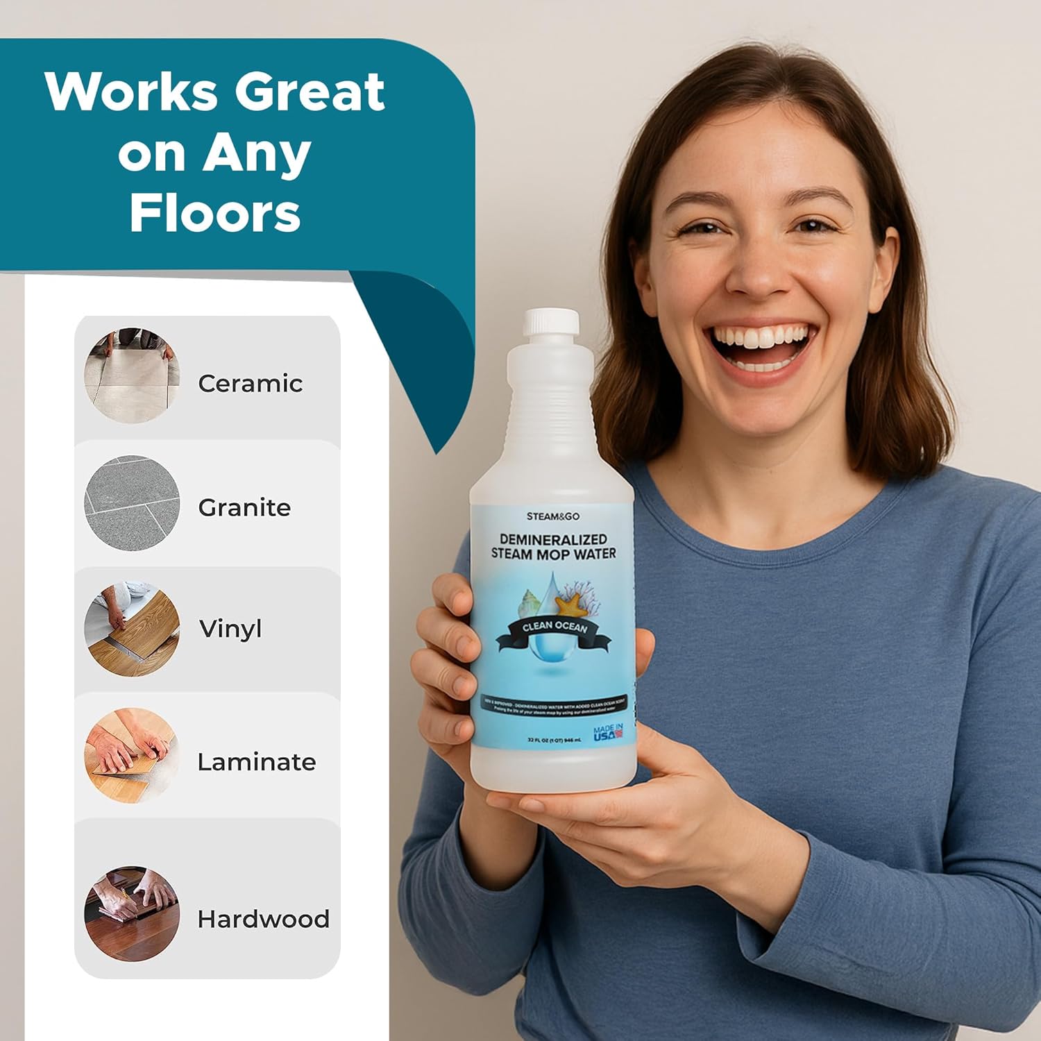 Steam & Go Demineralized Water - Multi-Surface Cleaner, PVC-Free Ready-to-Use for Mops & Floor Steamers - Ideal for Kitchen, Bathroom, & Home Surfaces - Clean Ocean Scent - 32oz (Pack of 12)