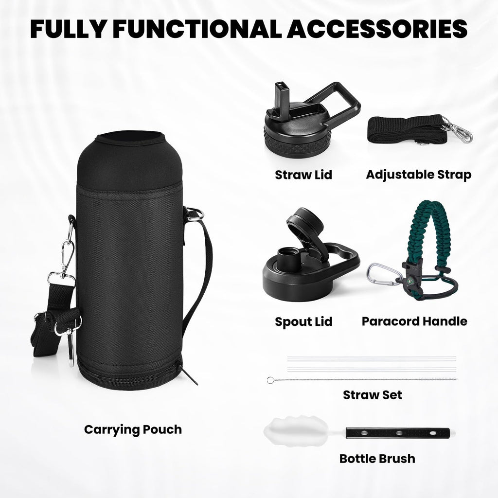 Insulated Water Bottle 40 oz, Triple Wall Vacuum Stainless Steel (Cold for 48 Hrs), Leak Proof & Non-BPA, Modern Water Flask Jug with Paracord Handle & Straw Spout Lids, Dark Green