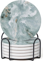 Set of 6 Abstract Marble Coasters with Holder, Absorbent Ceramic Coasters for Drinks, Coasters with Cork Backing for Table Protection, Housewarming Gifts for New Home