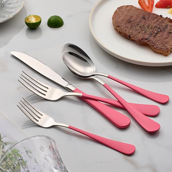 20-Piece Pink Silverware Set 18/0 Stainless Steel Flatware Pink Handle Cutlery Set Service for 4 Dinner Knives Forks Spoons Set Mirror Finish Dishwasher Saf