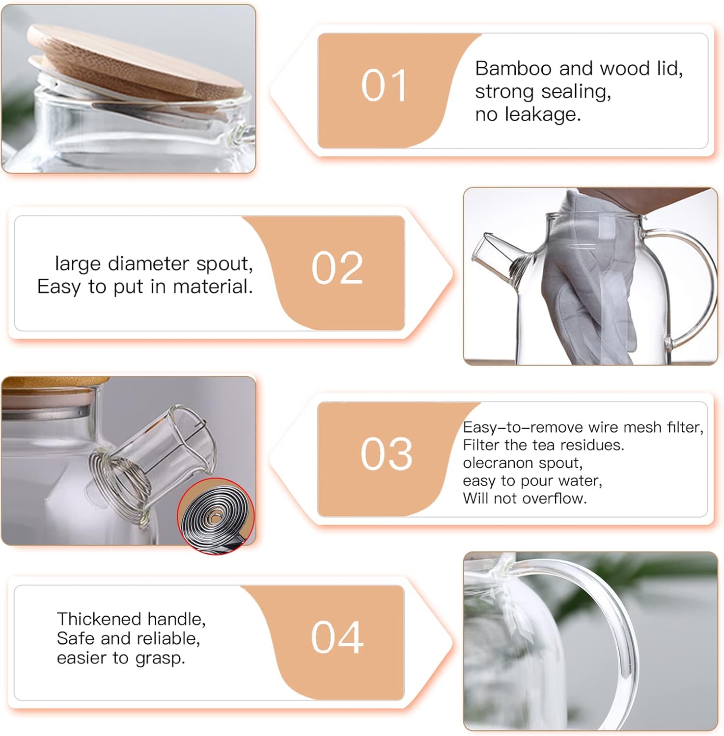 Glass Teapot 50.7oz/1500ml, Stovetop & Microwave Safe Borosilicate Tea Pot,Clear Teapot with Strainer, Glass Tea Kettle with Wooden Lid for Loose Leaf、Fruit Tea and Fragrant Tea