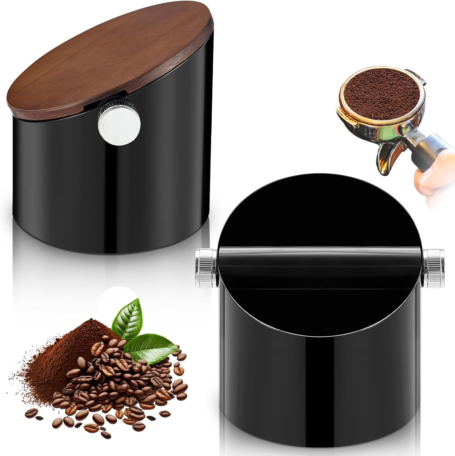 Espresso Knock Box with Walnut Lid for Coffee Grounds, Espresso Machine Accessory, Easy Disposal of Coffee Pucks, Removable Knock Bar(Black)