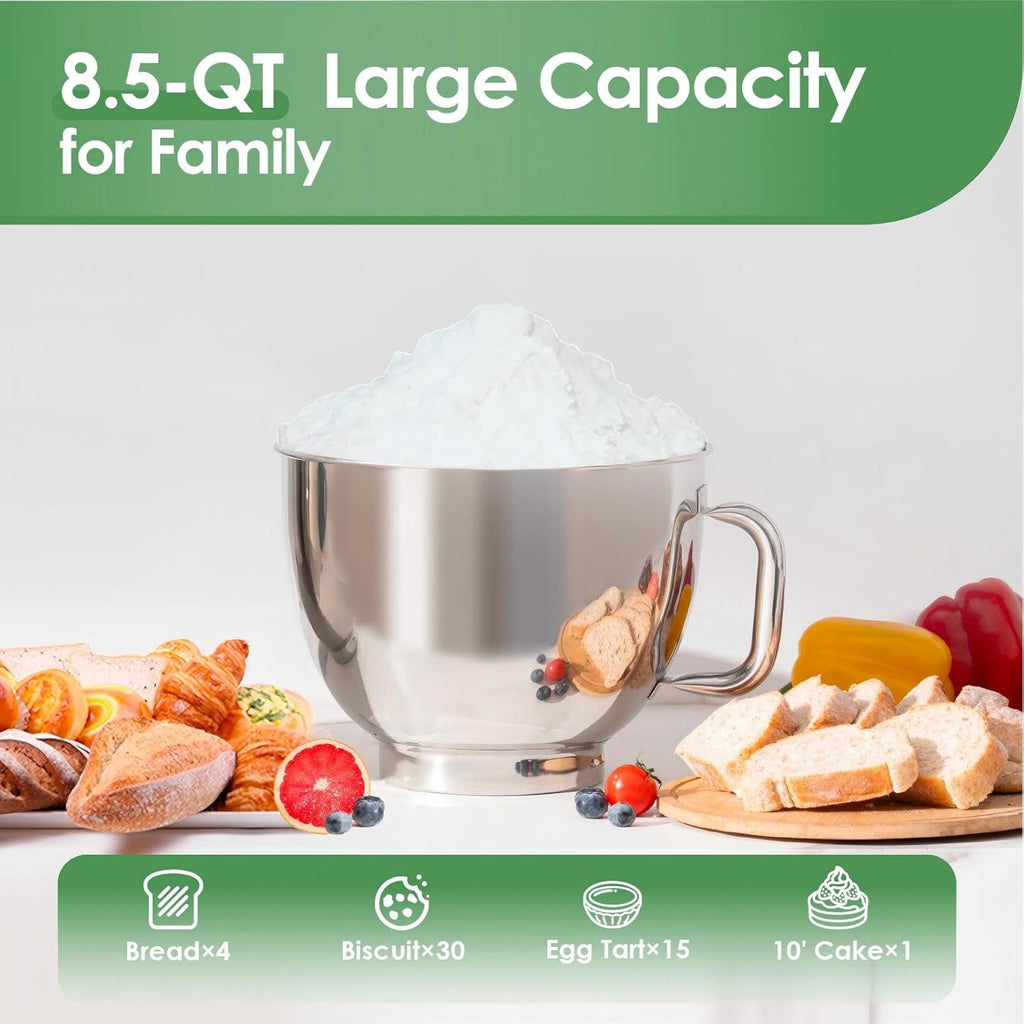 Kitchen in the box Stand Mixer, 900W 8.5QT Kitchen Electric Mixer, 6-Speed Large Capacity Food Mixer for Home Cooks with Egg Whisk, Dough Hook & Flat Beater (Green)