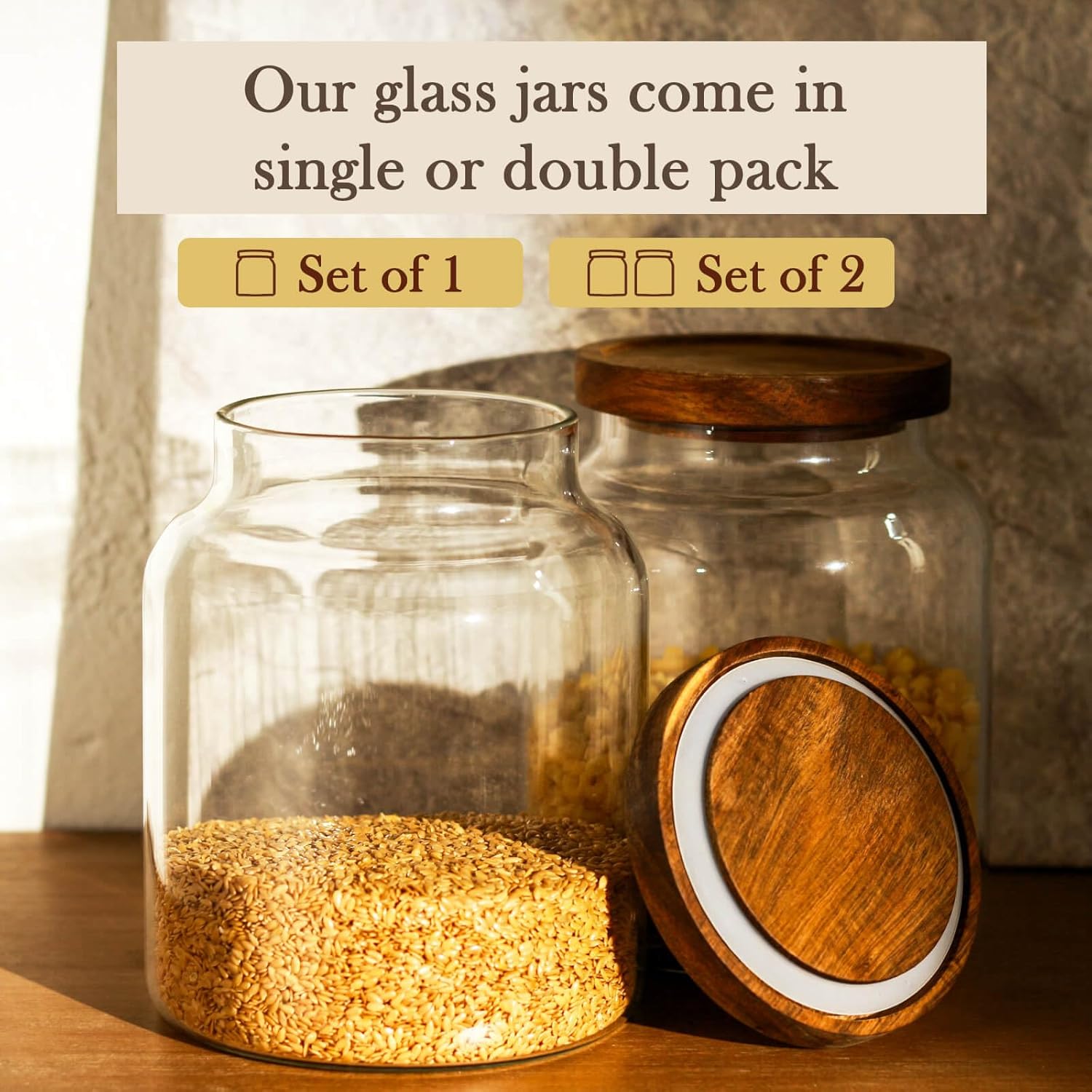 Labina Glass Storage Container Airtight Food Jars Kitchen Canister with Wood Lids, 60 Oz Wide Mouth Pantry Organization Glass Jar for Flour, Sugar, Cookie, Spagetti, Nuts and Candy (2 Pack)