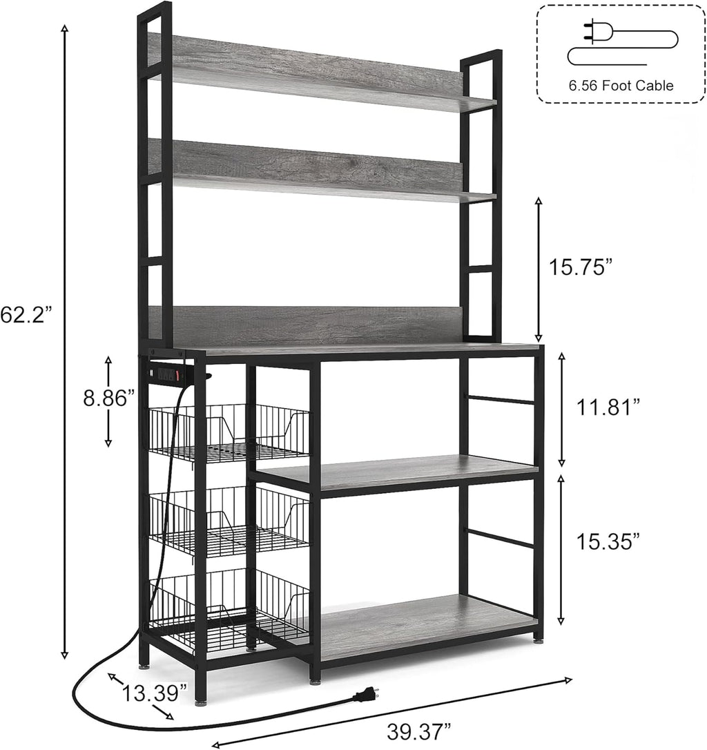 Kitchen Bakers Rack with Baskets and Power Outlet,5-Tier Kitchen Utility Storage Shelf with Hooks, Microwave Oven Stand Rack,Vintage Grey Free Standing Kitchen Shelf