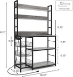 Kitchen Bakers Rack with Baskets and Power Outlet,5-Tier Kitchen Utility Storage Shelf with Hooks, Microwave Oven Stand Rack,Vintage Grey Free Standing Kitchen Shelf