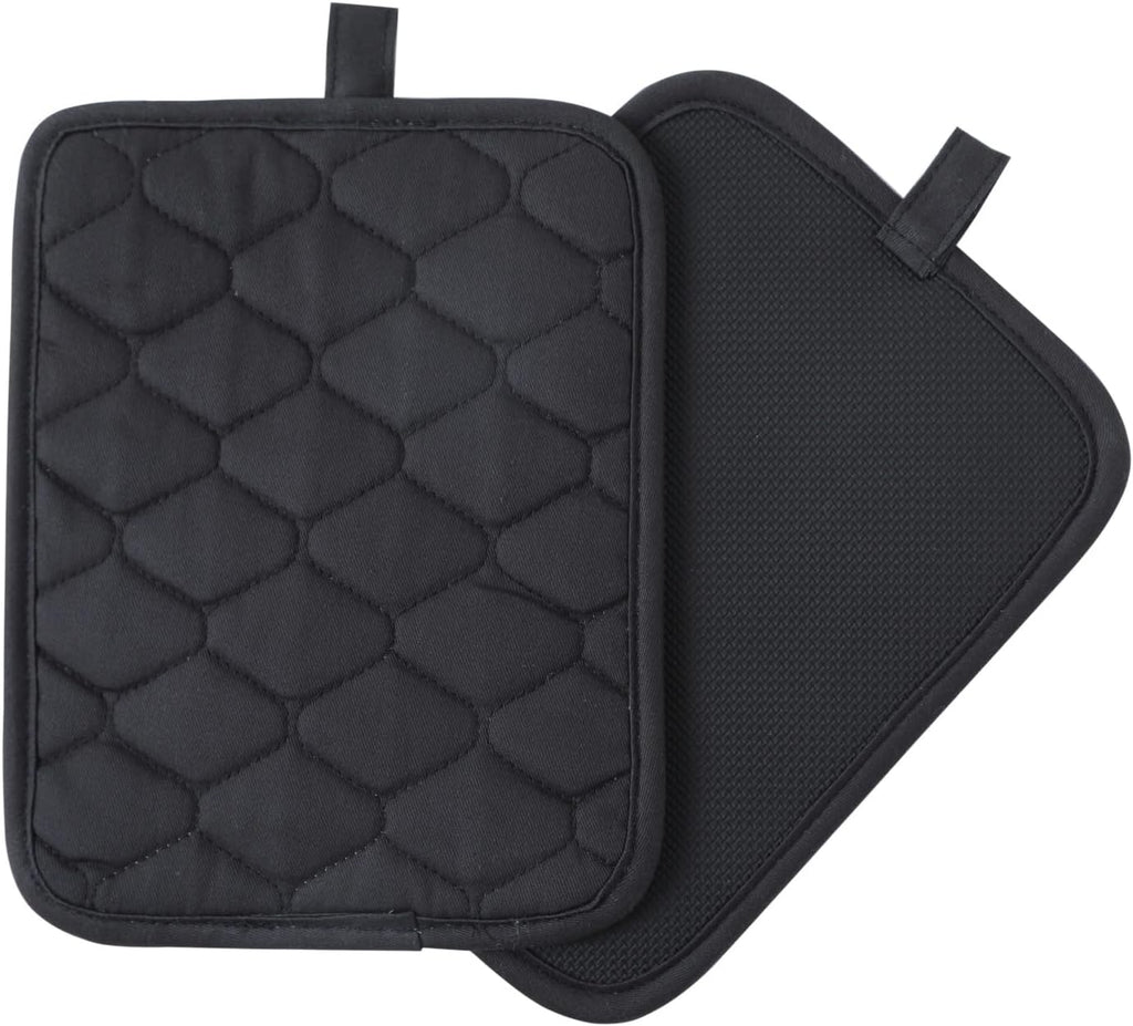 Glynniss Anti-Slip Grip Pot Holder for Kitchen, Cotton Oven Hot Pads Set with Neoprene for Heat Resistant 450F, 7x9 Inches Potholder Machine Washable 2PCS (Black, 2)
