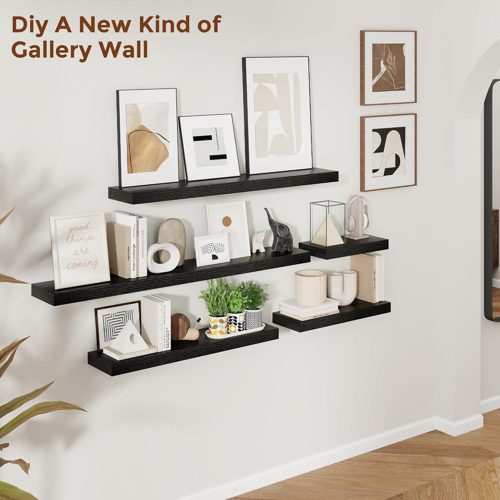 Heimlove 36 Inch Floating Shelves for Wall 8 Inch Deep Black Shelves Set of 2,Wall Mounted Rustic Wood Long Floating Shelf with Invisible Brackets for Bedroom Kitchen Living Room