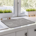 Coffee Bar Mat Dish Drying Mat - 16x24, PU Surface & Rubber Backed, Kitchen Countertop Protector, Quick Absorbent, Heat Resistant - Gray and White Marble