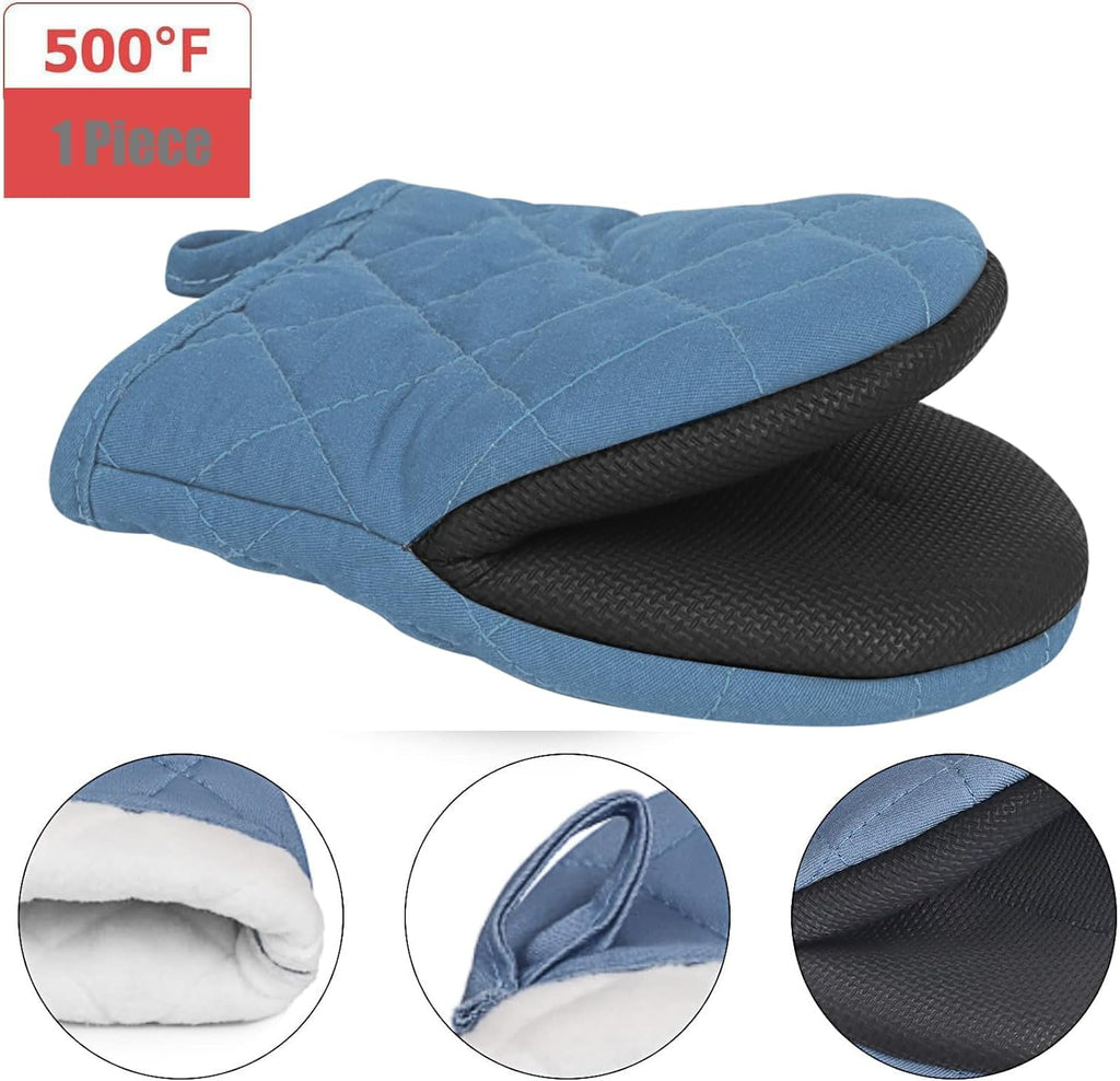 Short Oven Mitts, Heat Resistant Silicone Kitchen Mini Oven Mitts for 500 Degrees, Non-Slip Grip Surfaces and Hanging Loop Gloves, Baking Grilling Barbecue Microwave Machine Washable, 1 Piece
