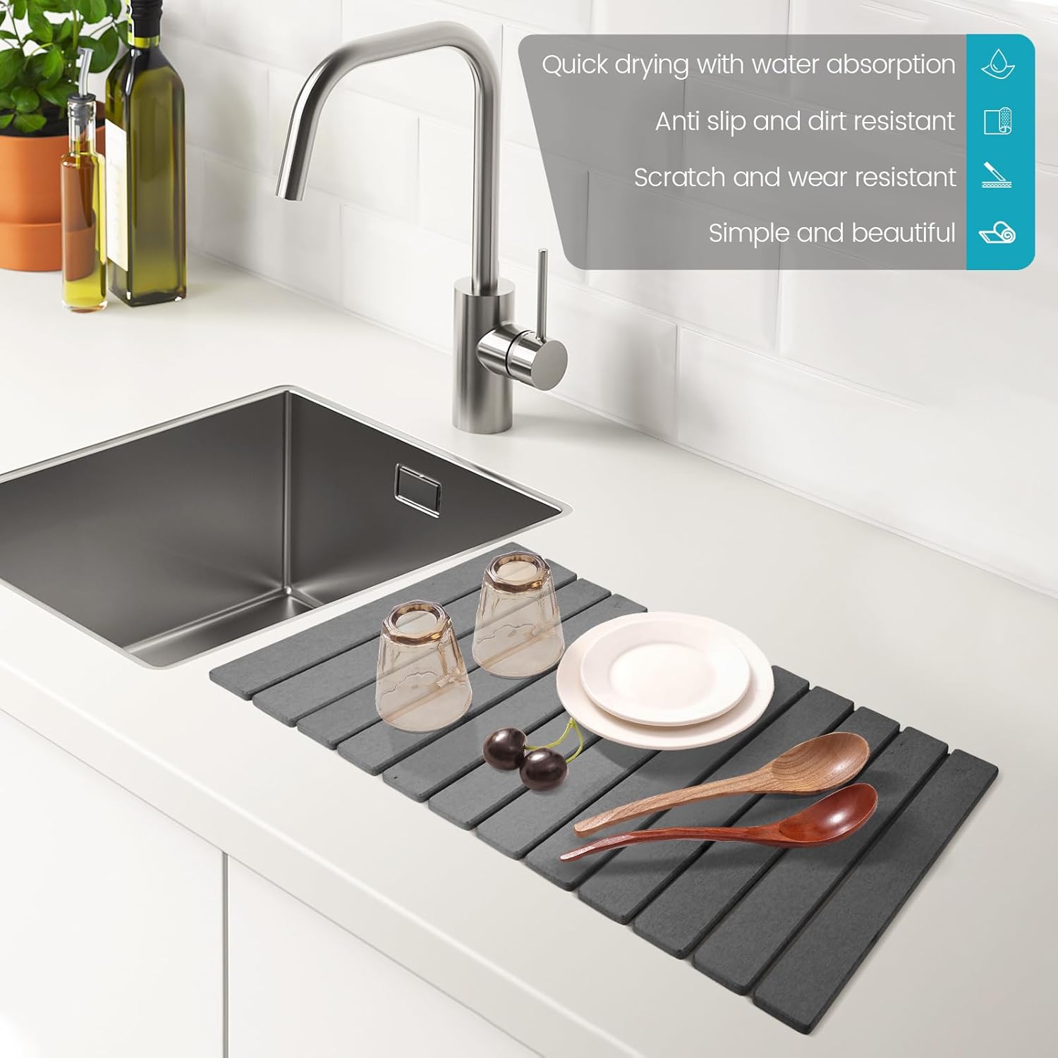 Extral Large Quick Dry Stone Drying Mat for Kitchen Counter,28"(L)x16"(W) Collapsible Eco-Friendly Absorbent Diatomaceous Earth Mat for Dishes Cups,Dish Drying Mats for Any Countertop ﻿