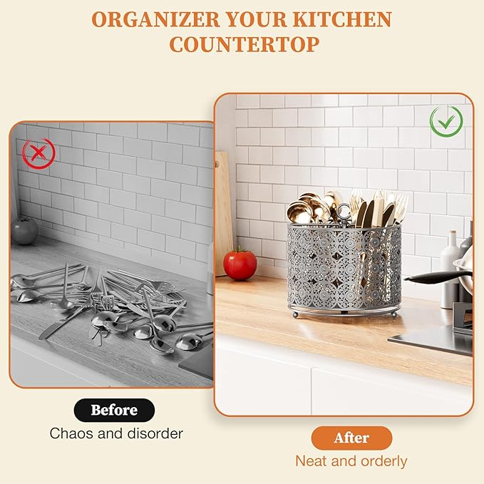 Rotating Utensil Caddy Countertop - Higher Raised Cutlery Caddy Holder - Metal Silverware Caddy Organizer with 4 Compartment for Kitchen Counter Party Office Silver