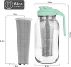 Cold Brew Coffee Maker，64 oz Wide Mouth Mason Jar Pitcher with Stainless Steel Filter, Pour Spout Handle Lid, Heavy Duty Glass Airtight & Leak-Proof Pitcher for iced coffee & Tea Lemonade-Green