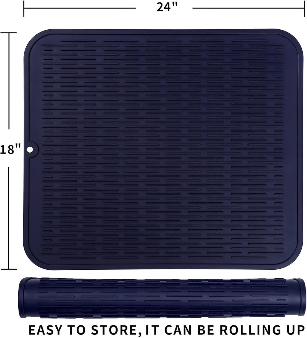Silicone Dish Drying Mat for Multiple Usage,Easy clean,Eco-friendly,Heat-resistant Silicone Mat for Kitchen Counter or Sink,Refrigerator or Drawer Liner Navy Blue 2XL 24 inches x 18 inches
