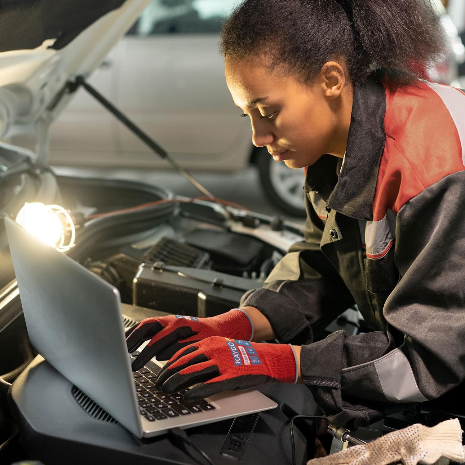 KAYGO Safety Work Gloves PU Coated for Men and Women- KG11P,12 Pairs,Seamless Knit Glove with Two Fingers Touchscreen,Ideal for General Duty Work (Red,L)