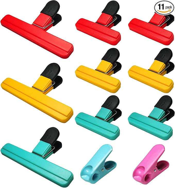 11 Pack Chip Clips Bag Clips Food Bag Clips for Food Packages Chips Storage Bags Heavy Duty Snack Kitchen Potato (3 Large, 6 Small & 2 Round, Bright Style)