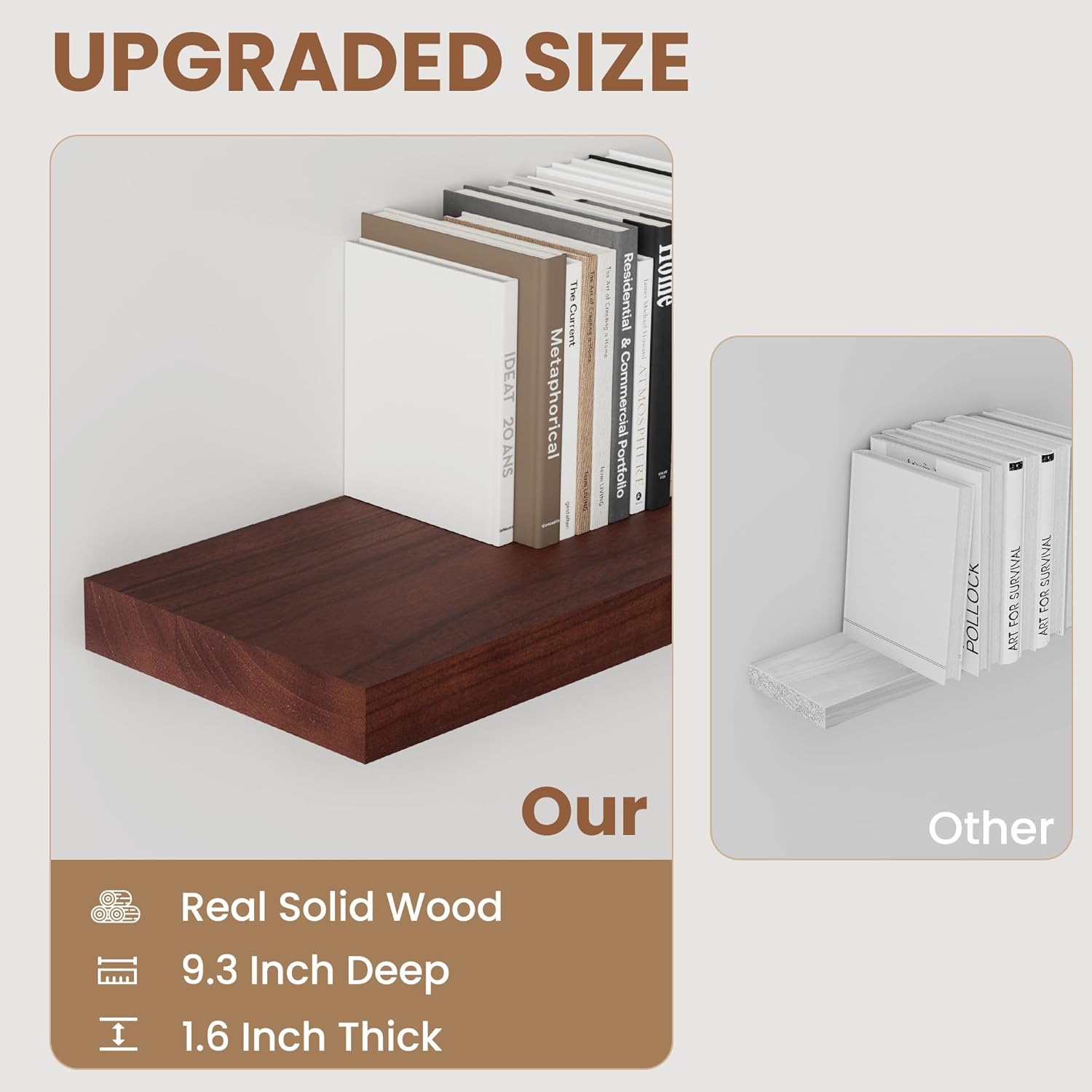 Floating Shelves, 9.3 Inch Deep Floating Shelves for Wall, Solid Wood Shelves 24 Inch Long, Deep Wall Shelves for Living Room, Bathroom, Kitchen, 24"W x 9.3"D x 1.6"H, Red Brown, Set of 2