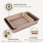 Nonstick Non Toxic 9x13 in Baking Pan for oven | Cake Mold 9 x 13 Non Stick Nontoxic | Carbon Steel Gold Brownies Pans 13x9 inches | Rectangle Brownie Tray 9 by 13 inch | Baking Ware