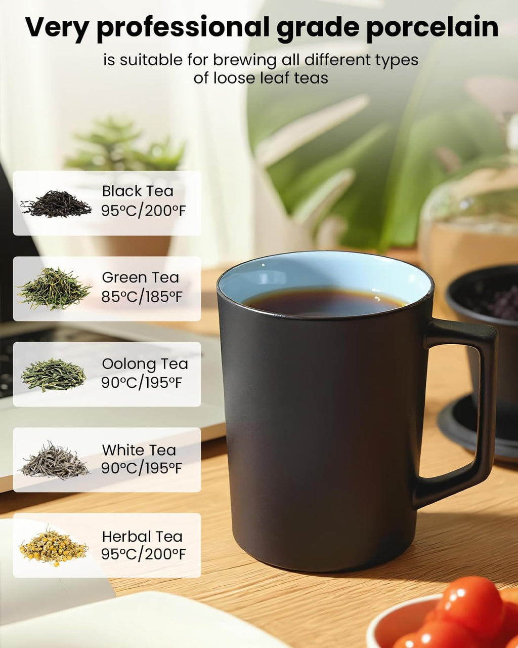15 OZ Porcelain Tea Infuser Cup with Lid,Ceramic Tea Mug with All-Porcelain Strainers for Loose Leaf Teas,Microwave and Dishwasher Safe Coffee Mug,Metal-Free,BPA-Free,Gifts for Tea-Lover (Black)