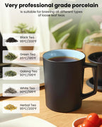 15 OZ Porcelain Tea Infuser Cup with Lid,Ceramic Tea Mug with All-Porcelain Strainers for Loose Leaf Teas,Microwave and Dishwasher Safe Coffee Mug,Metal-Free,BPA-Free,Gifts for Tea-Lover (Black)