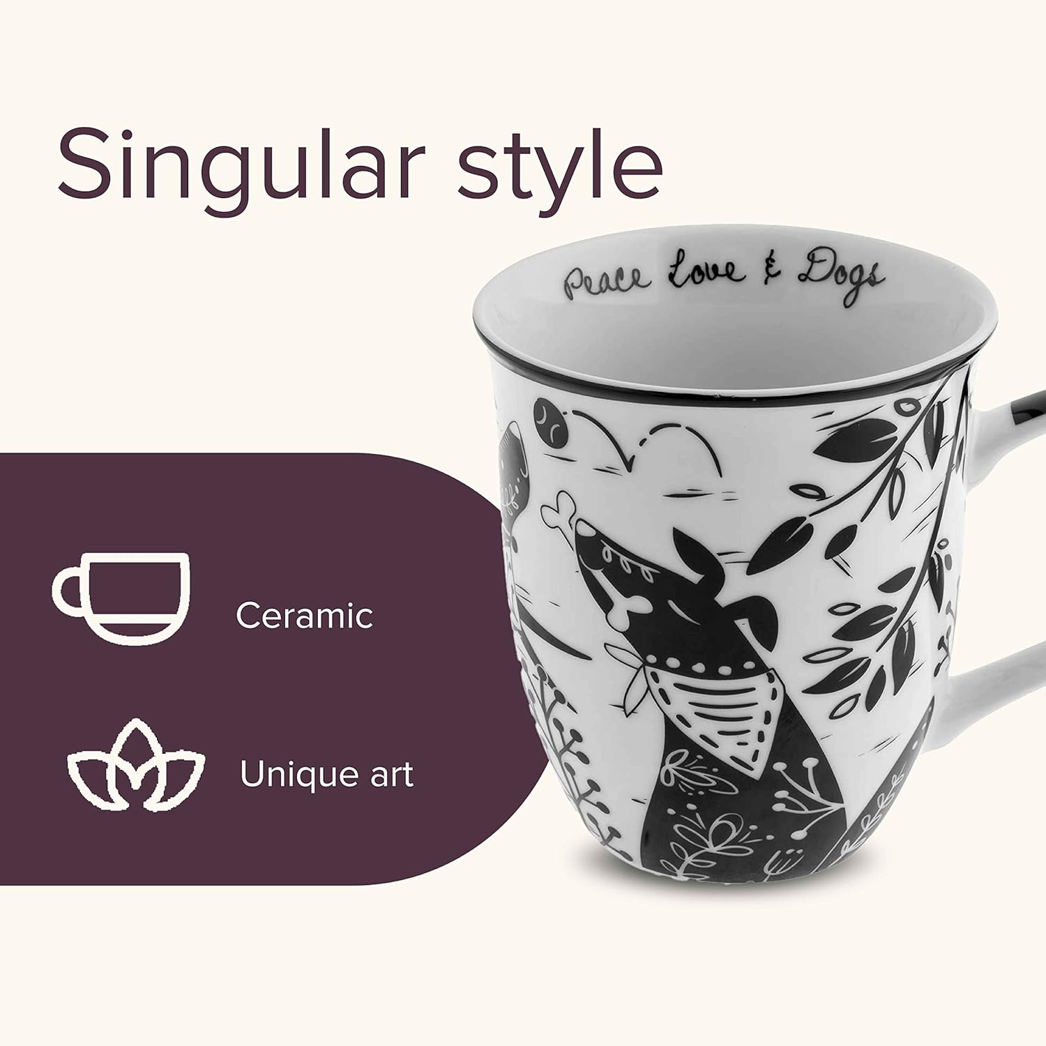 Karma Gifts 16 oz Black and White Boho Mug Dog - Cute Coffee and Tea Mug - Ceramic Coffee Mugs for Women and Men
