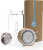 mayu Travel Water Bottle with Bamboo Lid - Borosilicate Glass Eco Friendly BPA Free | Adult and Kids Bottles with Cap - Leak Free Design - Non Toxic Reusable Hydration for Everyday Use | 0.5L, 17OZ