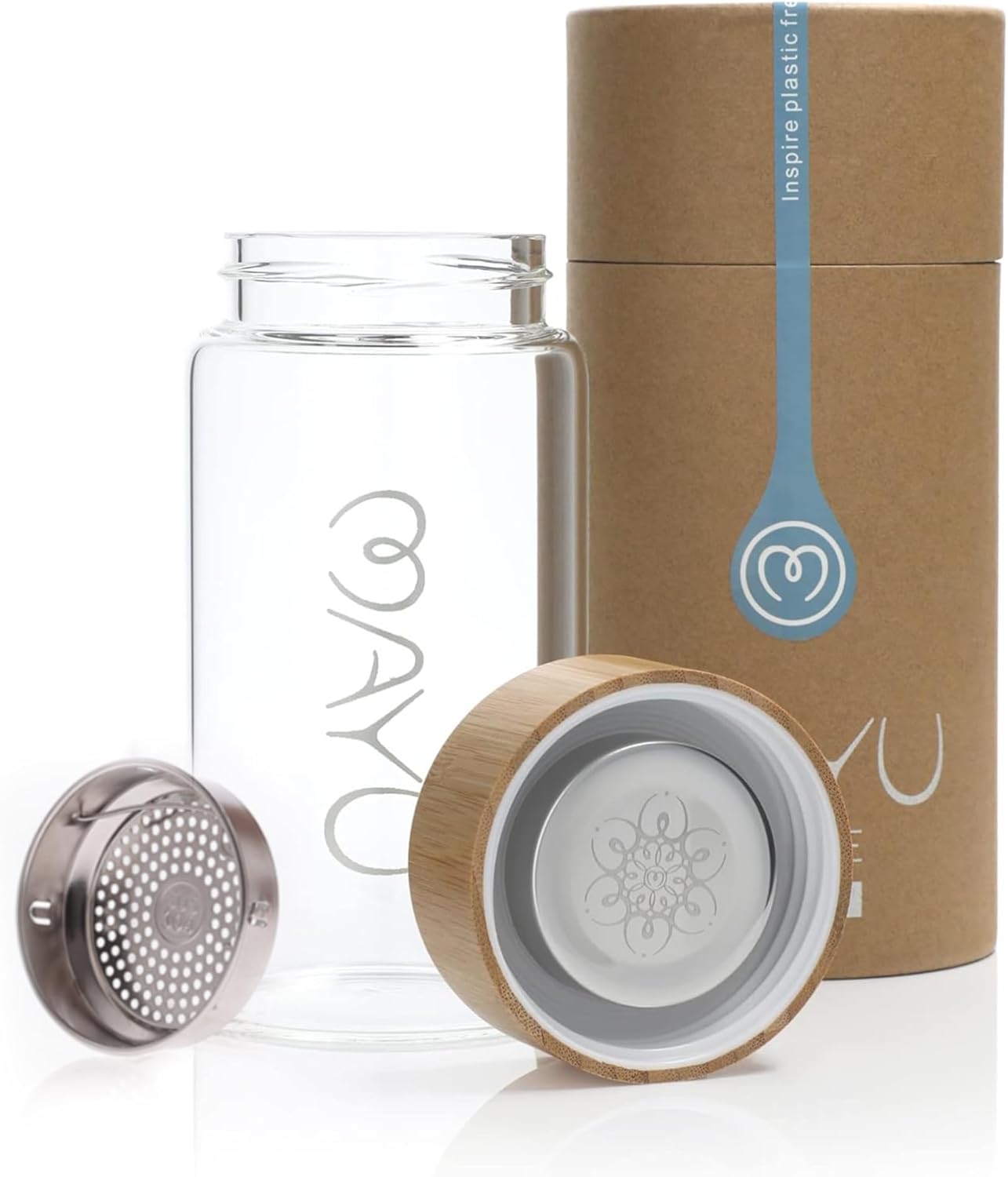 mayu Travel Water Bottle with Bamboo Lid - Borosilicate Glass Eco Friendly BPA Free | Adult and Kids Bottles with Cap - Leak Free Design - Non Toxic Reusable Hydration for Everyday Use | 0.5L, 17OZ