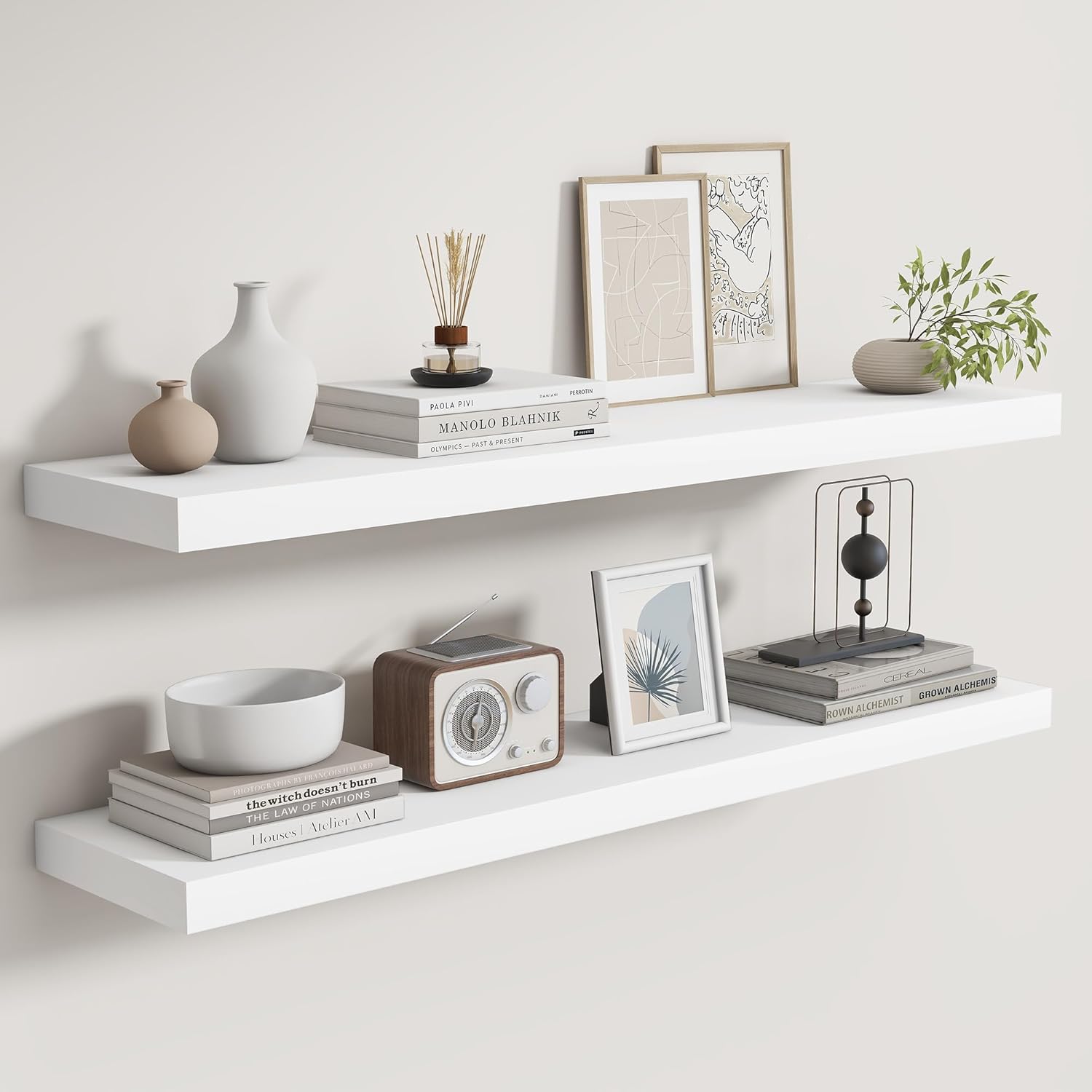 Fun Memories Rustic Real Wood Floating Shelves, 8 Inch Deep Floating Shelf Wall Mounted, 36" W x 8" D Wall Shelves Storage Shelves for Living Room, Bedroom, Bathroom, White Finish, Set of 2