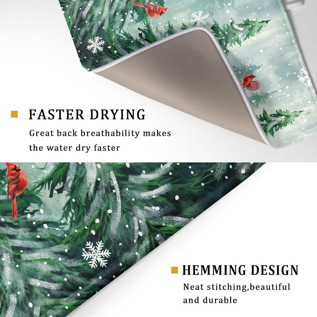 Winter Pines Tree Dish Drying Mats for Kitchen Counter, Christmas Tree Dish Mat Absorbent Reversible Microfiber Dish Drying Pad Winter Kitchen Drying Mat Dish Drainer Rack Mats for Coffee Bar 18"x24"