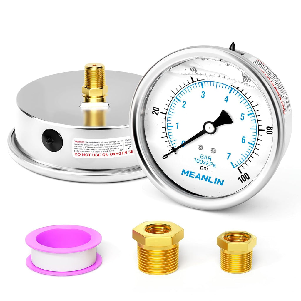 MEANLIN MEASURE 0~100Psi Stainless Steel 1/4" NPT 4" FACE DIAL Liquid Filled Pressure Gauge WOG Water Oil Air Back Mount, with 1/4" x 1/2" NPT and 1/4" x 3/8" NPT Hex Bushing