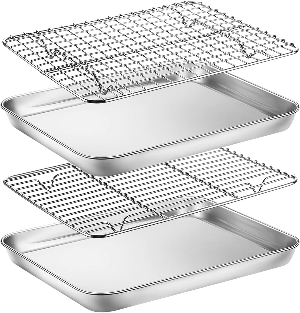 Baking Sheet with Rack Set, Yododo Set of 4 (2 Sheets + 2 Racks), Stainless Steel Cookie Sheet Baking Pan Tray with Cooling Rack, Non Toxic & Heavy Duty & Easy Clean - Size of 10 inch