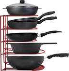 Heavy-Duty Pots and Pans Organizer | 5-Tier Cookware & Lid Storage Rack | Free-Standing or Wall-Mount | Kitchen Organizer for Cast Iron Skillets, Pots, Frying Pans, Lids | Red