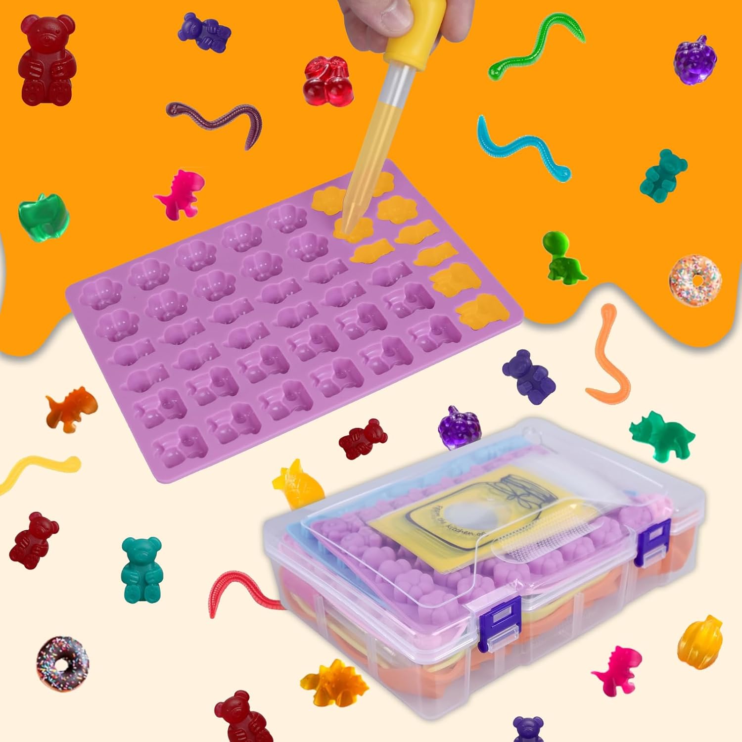 Gummy Bear Molds Silicone 37PCS Set,Nonstick Candy Mold Including Worm,Bear, Mini Dinosaur, Animals, Fruits and Mini Donut Molds,With 4 Droppers, Brush, Storage Box, 25 Wrappers