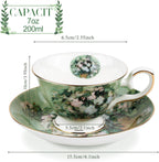 Floral Tea Cups Saucers Set of 2, Van Gogh Paintings Bone China 7 oz British Teacups Porcelain Tea Cups Coffee for Rose Teacups Cappuccino Espresso Latte (White Roses & Flowers Vase)
