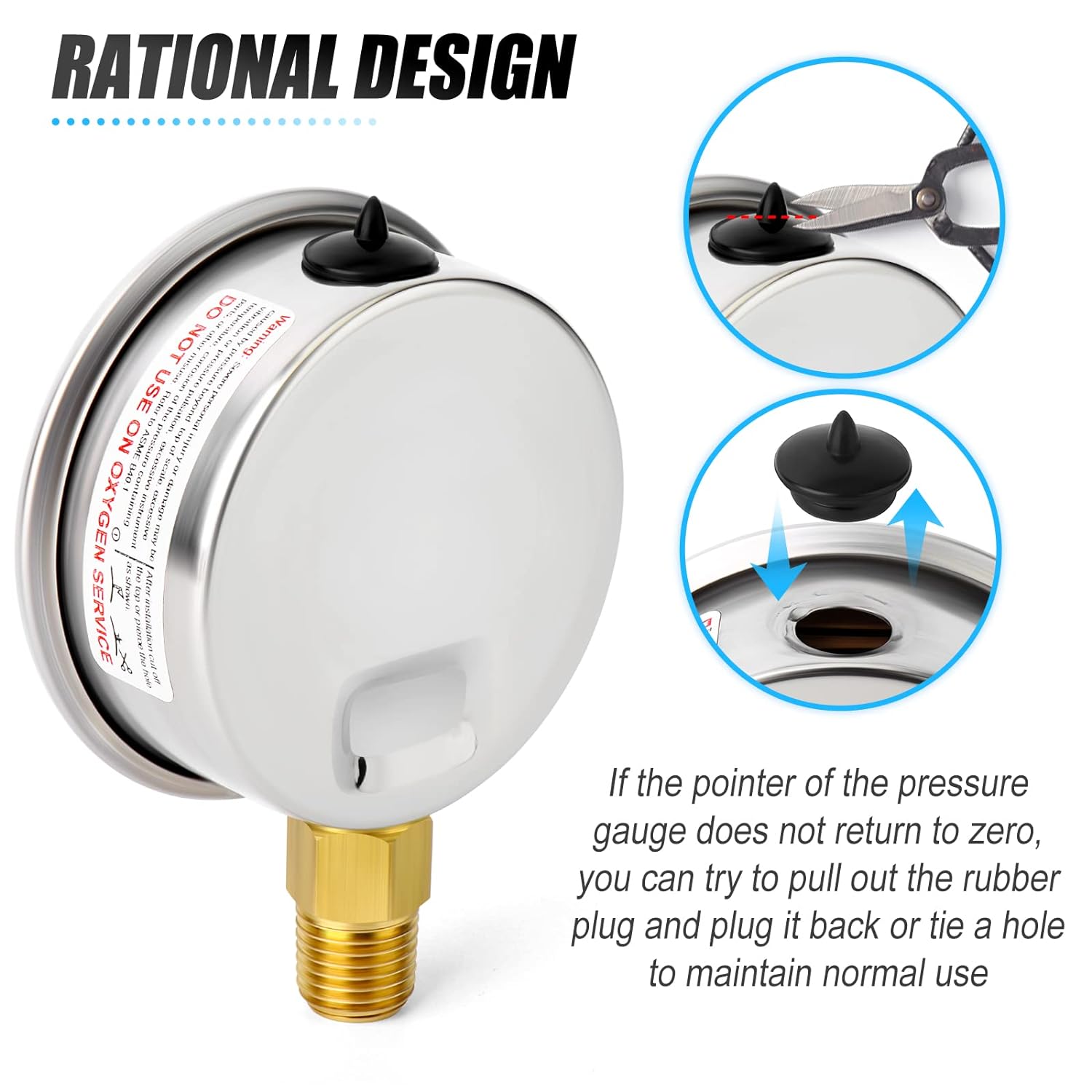 MEANLIN MEASURE 1/4" NPT 0-35psi Pressure Gauge, 2" Dial Glycerine Filled Pool Filter, 304 Stainless Steel Housing, Back Mount, with 1/2" NPT and 3/8" NPT Hex Bushing