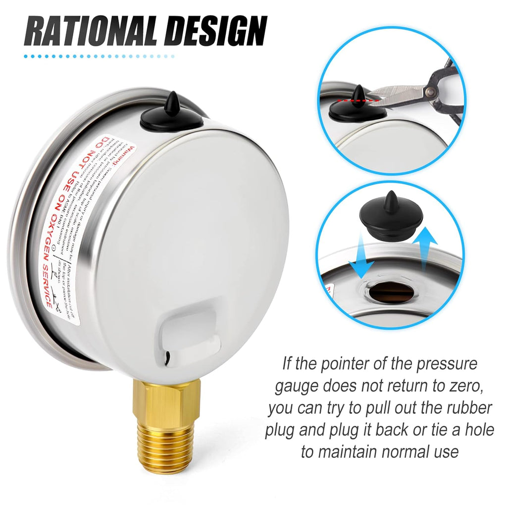 MEANLIN MEASURE 1/4" NPT 0-50psi Pressure Gauge, 2" Dial Glycerine Filled Pool Filter, 304 Stainless Steel Housing, Back Mount, with 1/2" NPT and 3/8" NPT Hex Bushing