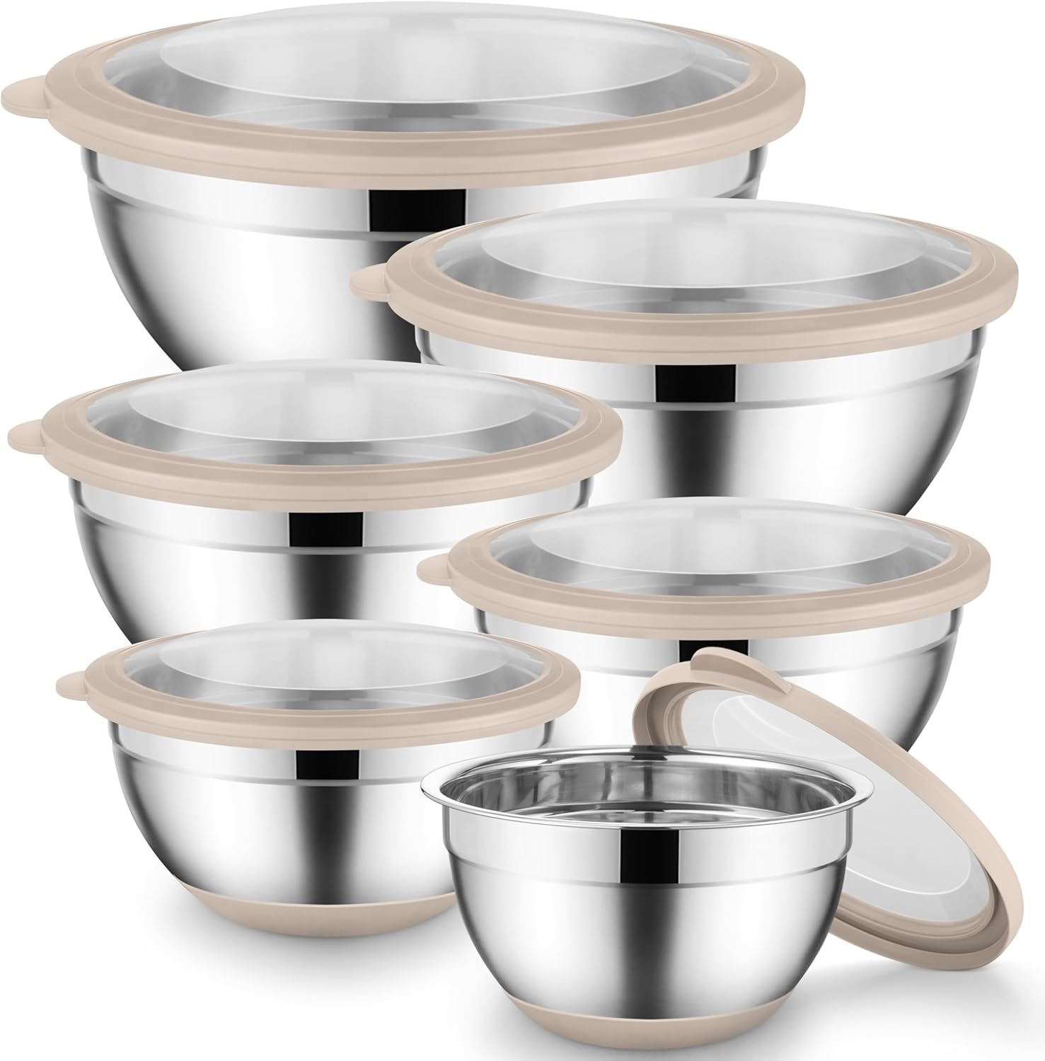 Mixing Bowls with Lids Set of 6, Large Metal Nesting Mixing Bowls, Stainless Steel Non-Slip Salad Bowl Khaki – Size 1, 1.5, 2, 2.6, 3.5, 7QT